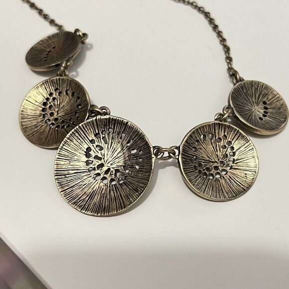 VTG Bronze Pink Coral Gem Art Deco Heavy Disc Chain Necklace 16-20” - Picture 5 of 5